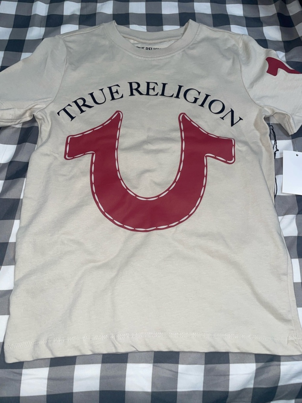 True Religion Cream Tee with Red Horseshoe Graphic